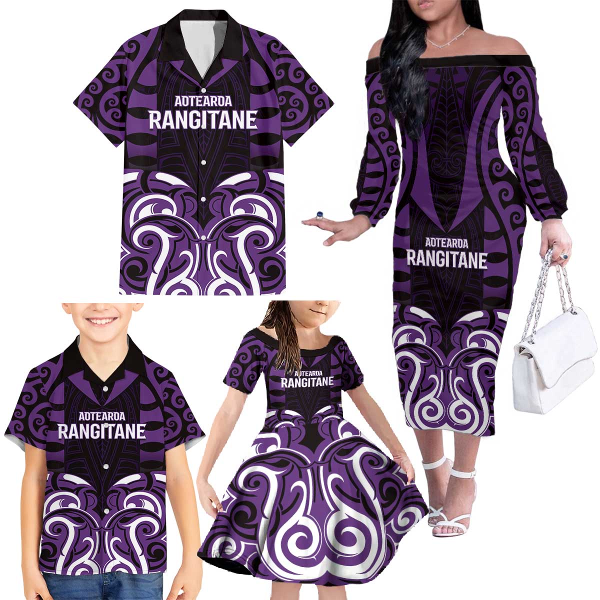 Custom Aotearoa Rangitane Family Matching Off The Shoulder Long Sleeve Dress and Hawaiian Shirt Maori Pattern New Zealand DT05 - Polynesian Pride
