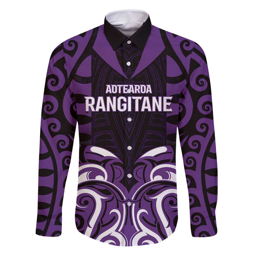 Custom Aotearoa Rangitane Family Matching Puletasi and Hawaiian Shirt Maori Pattern New Zealand DT05 Dad's Shirt - Long Sleeve Purple - Polynesian Pride