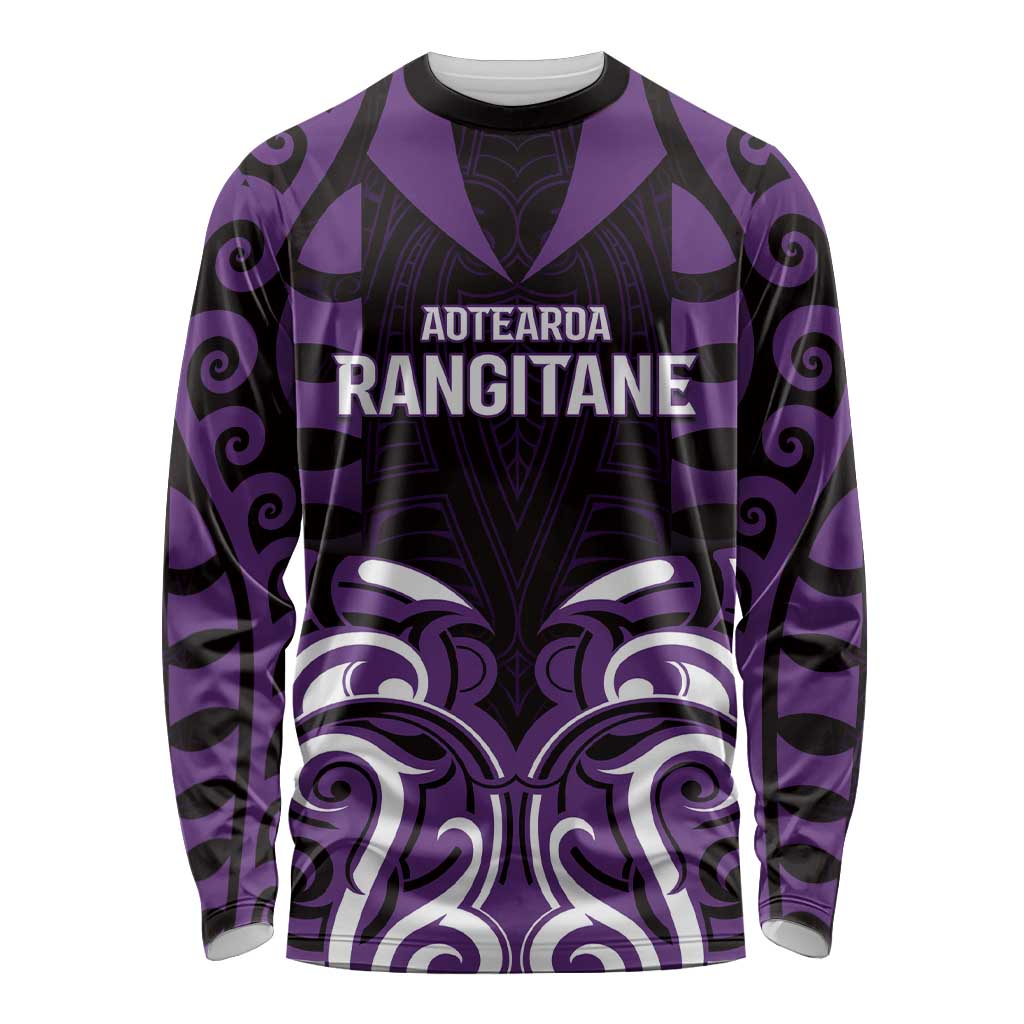 Custom Aotearoa Rangitane Long Sleeve Shirt Maori Pattern New Zealand DT05 Unisex Purple - Polynesian Pride