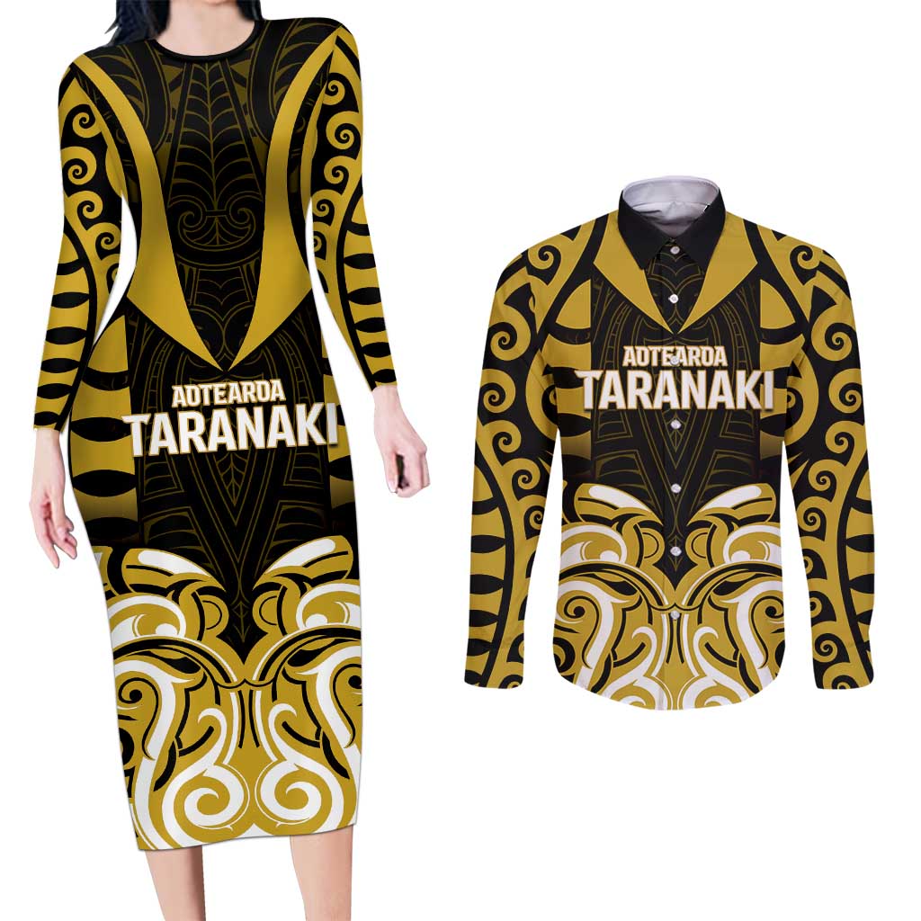 Custom Aotearoa Taranaki Couples Matching Long Sleeve Bodycon Dress and Long Sleeve Button Shirt Maori Pattern New Zealand DT05 Yellow - Polynesian Pride