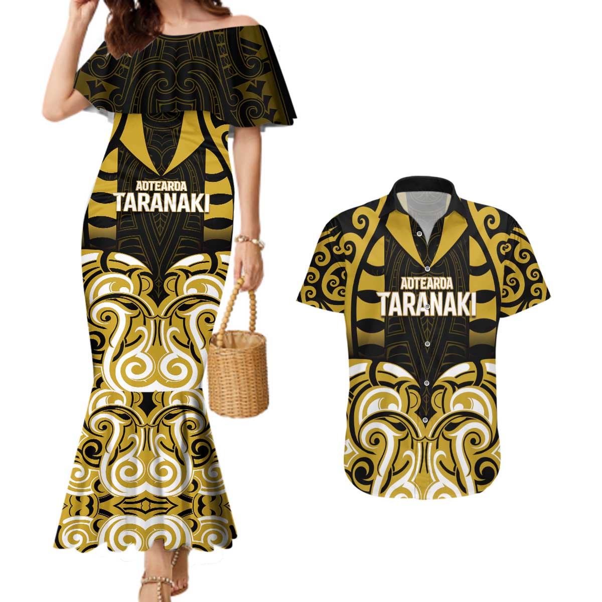 Custom Aotearoa Taranaki Couples Matching Mermaid Dress and Hawaiian Shirt Maori Pattern New Zealand DT05 Yellow - Polynesian Pride