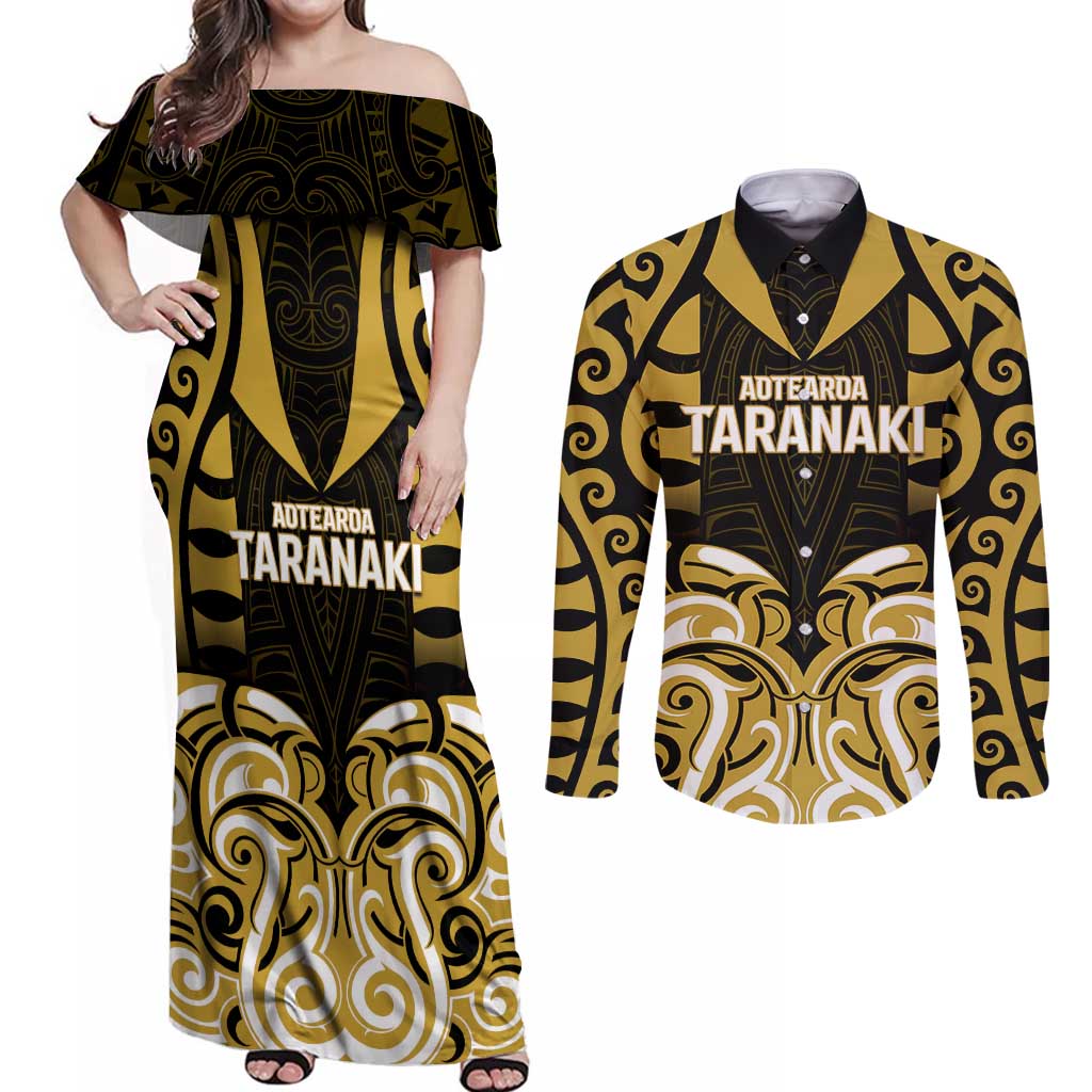 Custom Aotearoa Taranaki Couples Matching Off Shoulder Maxi Dress and Long Sleeve Button Shirt Maori Pattern New Zealand - Polynesian Pride