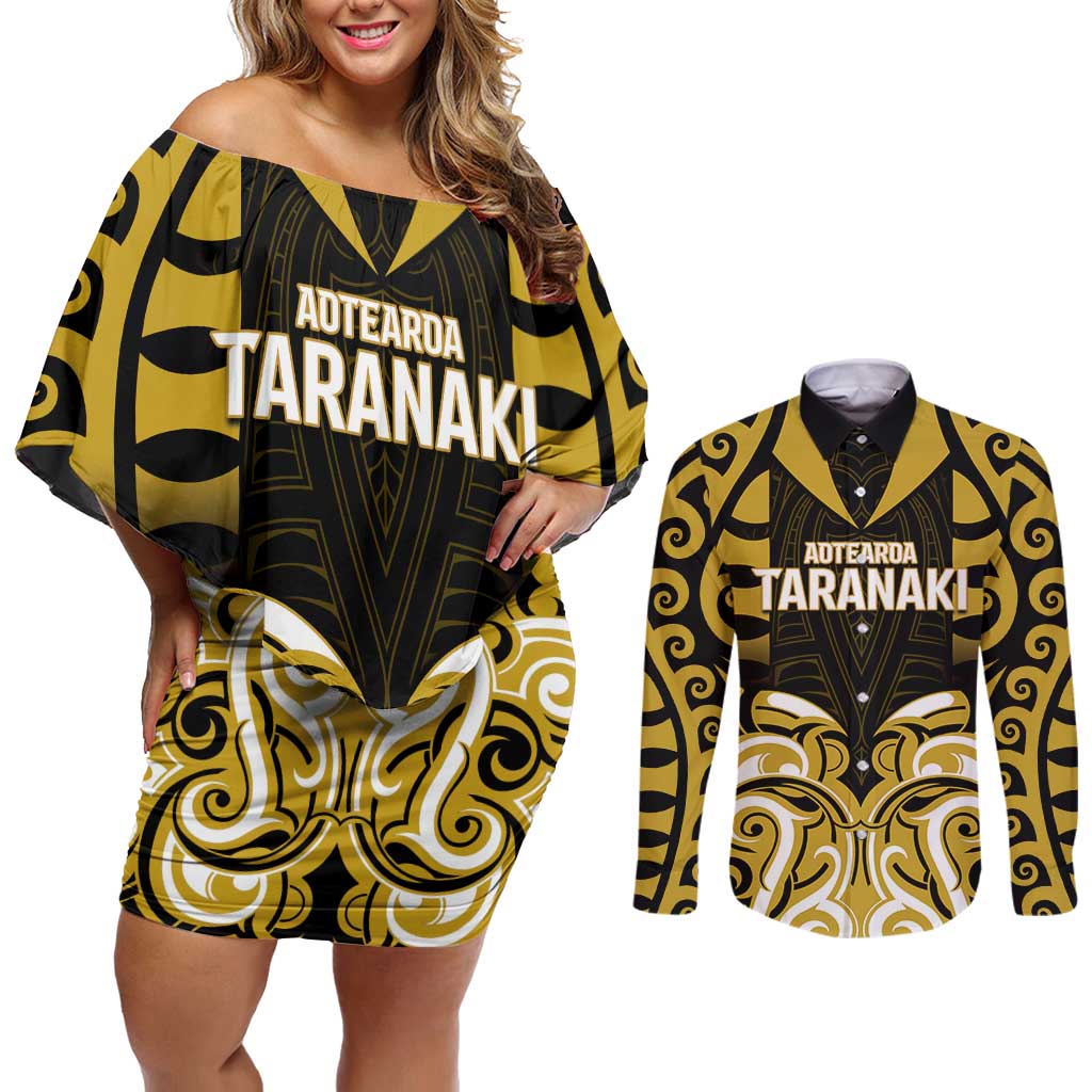 Custom Aotearoa Taranaki Couples Matching Off Shoulder Short Dress and Long Sleeve Button Shirt Maori Pattern New Zealand - Polynesian Pride