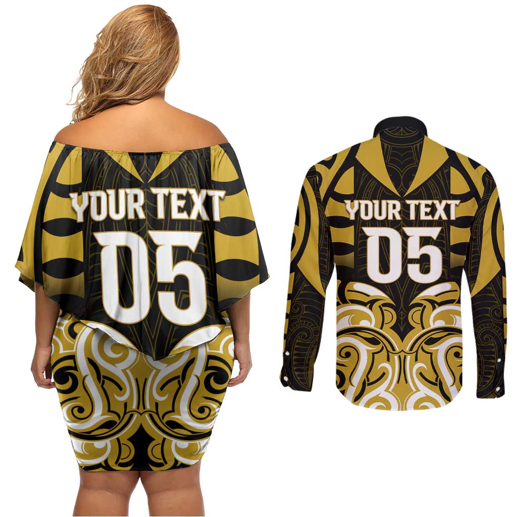 Custom Aotearoa Taranaki Couples Matching Off Shoulder Short Dress and Long Sleeve Button Shirt Maori Pattern New Zealand - Polynesian Pride