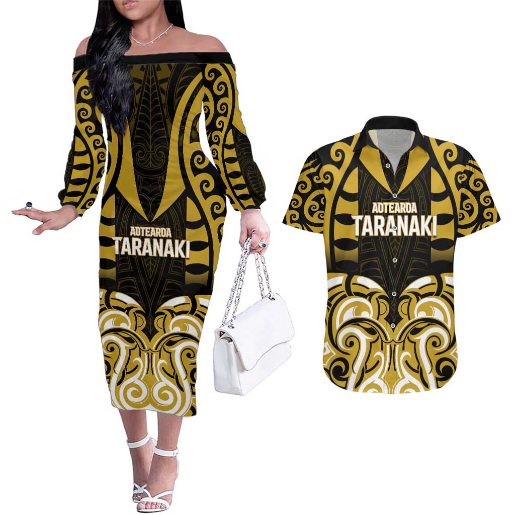 Custom Aotearoa Taranaki Couples Matching Off The Shoulder Long Sleeve Dress and Hawaiian Shirt Maori Pattern New Zealand DT05 Yellow - Polynesian Pride
