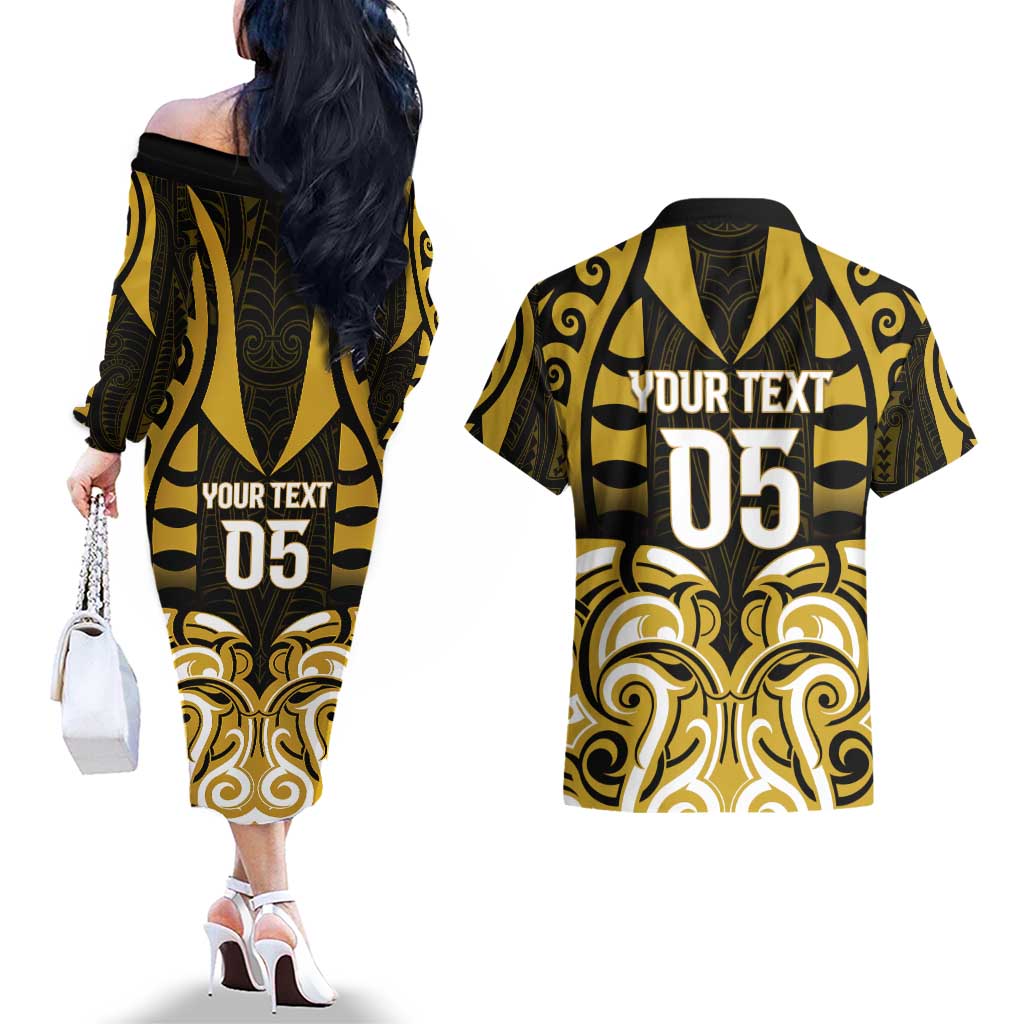 Custom Aotearoa Taranaki Couples Matching Off The Shoulder Long Sleeve Dress and Hawaiian Shirt Maori Pattern New Zealand - Polynesian Pride