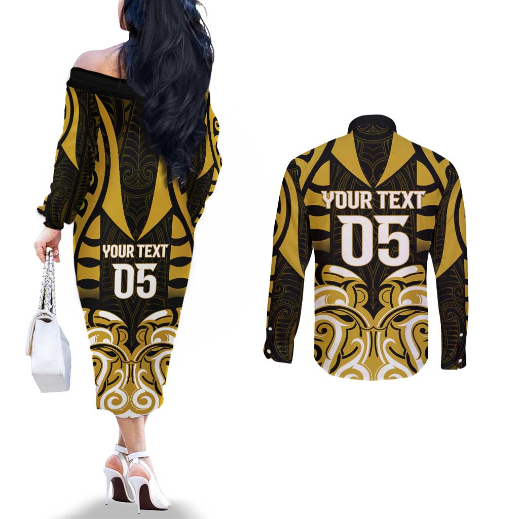 Custom Aotearoa Taranaki Couples Matching Off The Shoulder Long Sleeve Dress and Long Sleeve Button Shirt Maori Pattern New Zealand - Polynesian Pride
