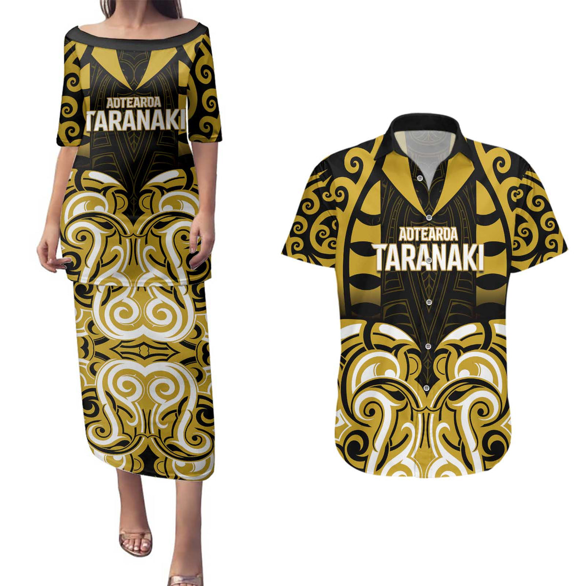 Custom Aotearoa Taranaki Couples Matching Puletasi and Hawaiian Shirt Maori Pattern New Zealand DT05 Yellow - Polynesian Pride