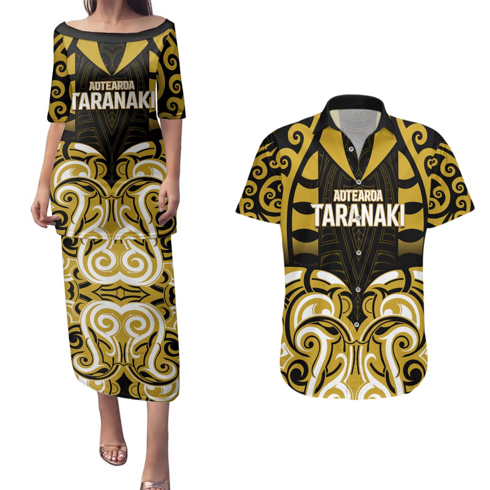 Custom Aotearoa Taranaki Couples Matching Puletasi and Hawaiian Shirt Maori Pattern New Zealand DT05 Yellow - Polynesian Pride
