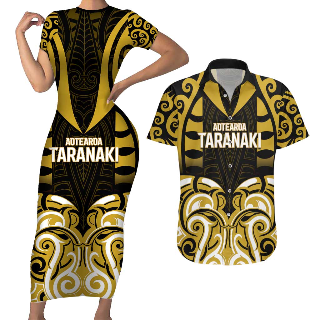 Custom Aotearoa Taranaki Couples Matching Short Sleeve Bodycon Dress and Hawaiian Shirt Maori Pattern New Zealand DT05 Yellow - Polynesian Pride
