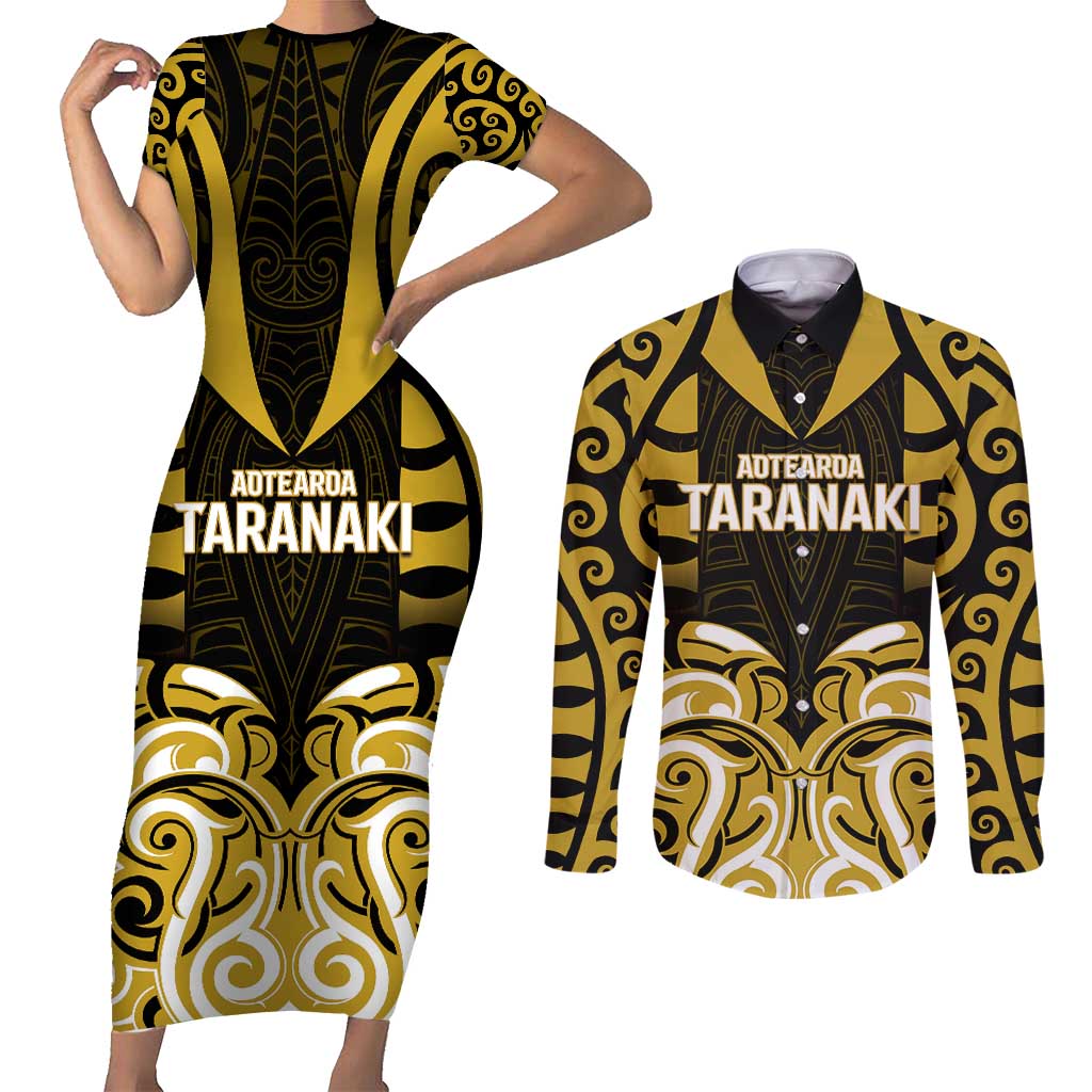 Custom Aotearoa Taranaki Couples Matching Short Sleeve Bodycon Dress and Long Sleeve Button Shirt Maori Pattern New Zealand DT05 Yellow - Polynesian Pride