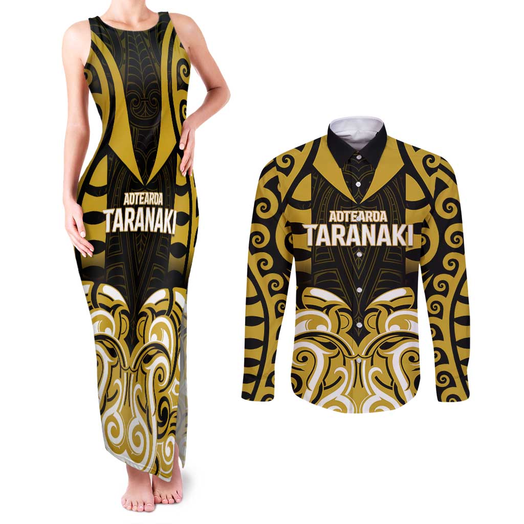 Custom Aotearoa Taranaki Couples Matching Tank Maxi Dress and Long Sleeve Button Shirt Maori Pattern New Zealand DT05 Yellow - Polynesian Pride