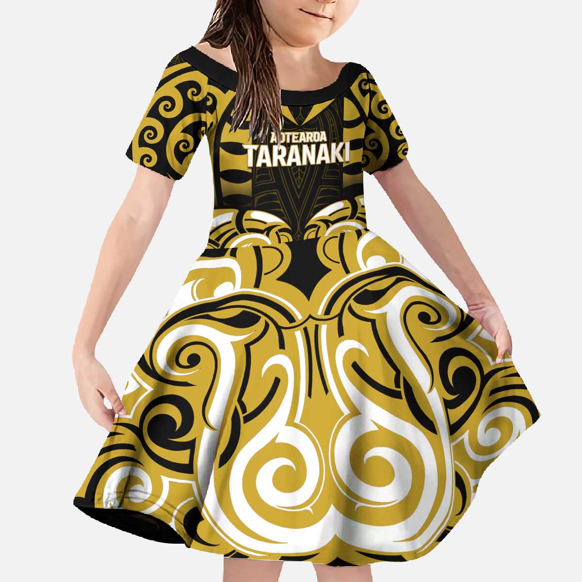 Custom Aotearoa Taranaki Family Matching Off The Shoulder Long Sleeve Dress and Hawaiian Shirt Maori Pattern New Zealand DT05 Daughter's Dress Yellow - Polynesian Pride
