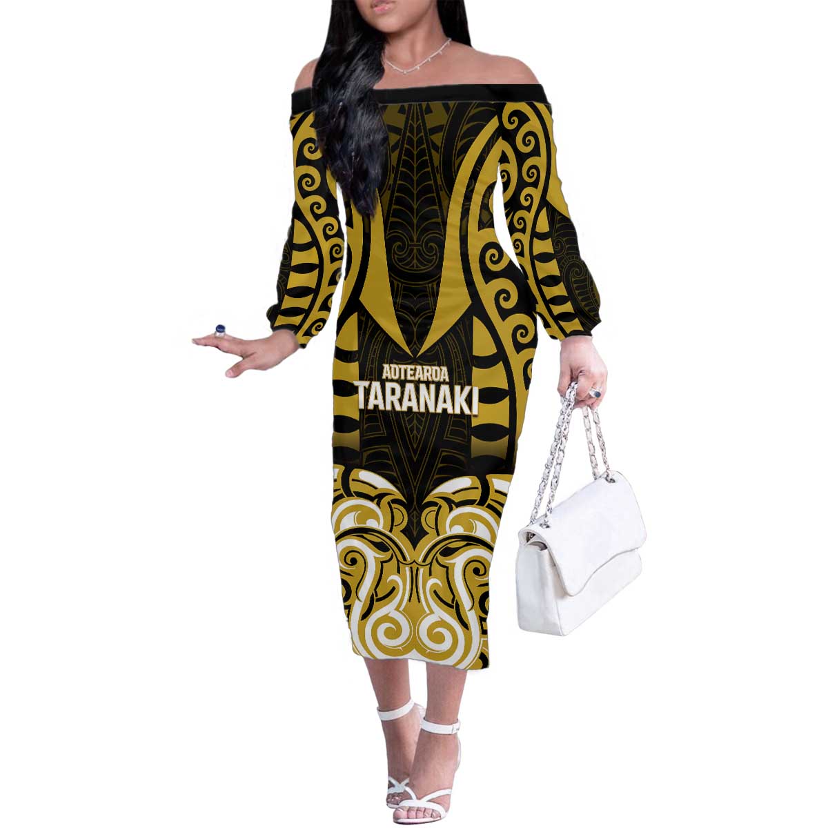 Custom Aotearoa Taranaki Family Matching Off The Shoulder Long Sleeve Dress and Hawaiian Shirt Maori Pattern New Zealand DT05 Mom's Dress Yellow - Polynesian Pride