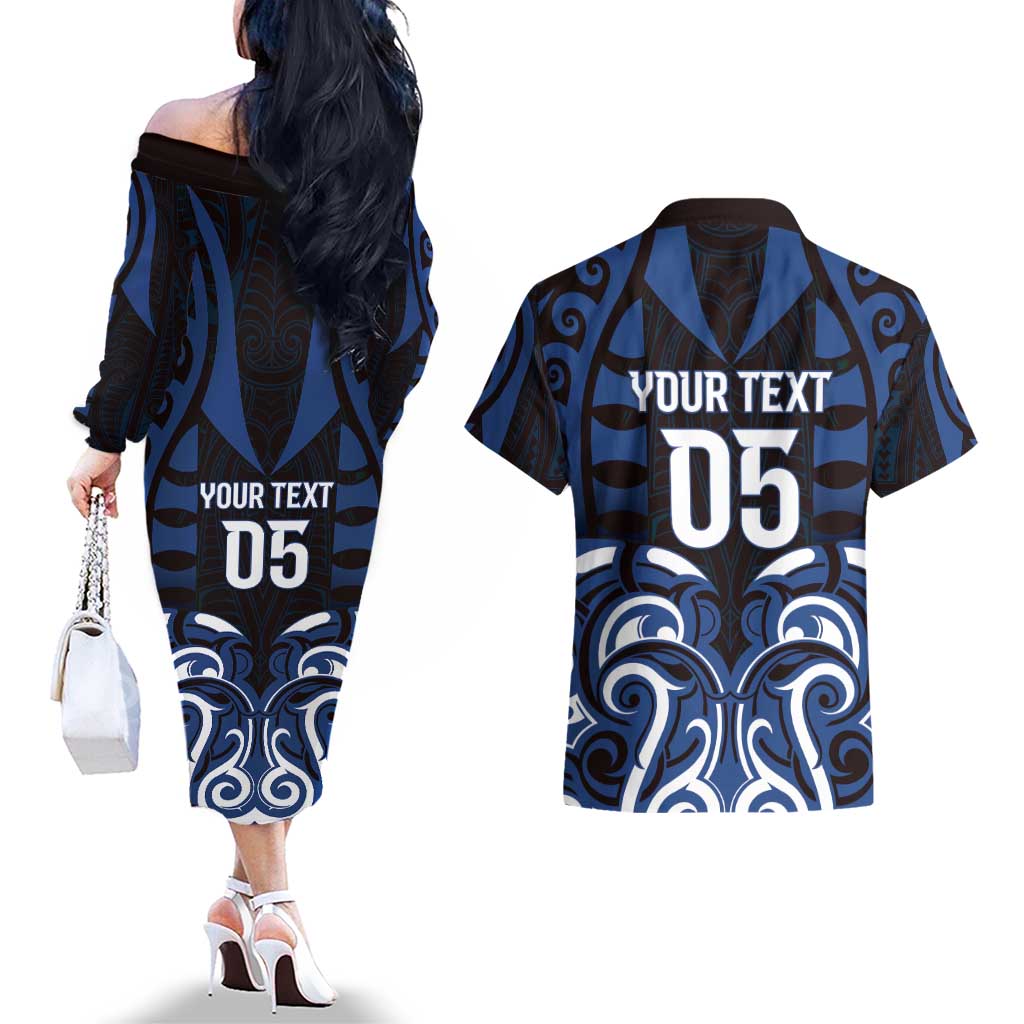 Custom Aotearoa Ngati Tuwharetoa Couples Matching Off The Shoulder Long Sleeve Dress and Hawaiian Shirt Maori Pattern New Zealand - Polynesian Pride