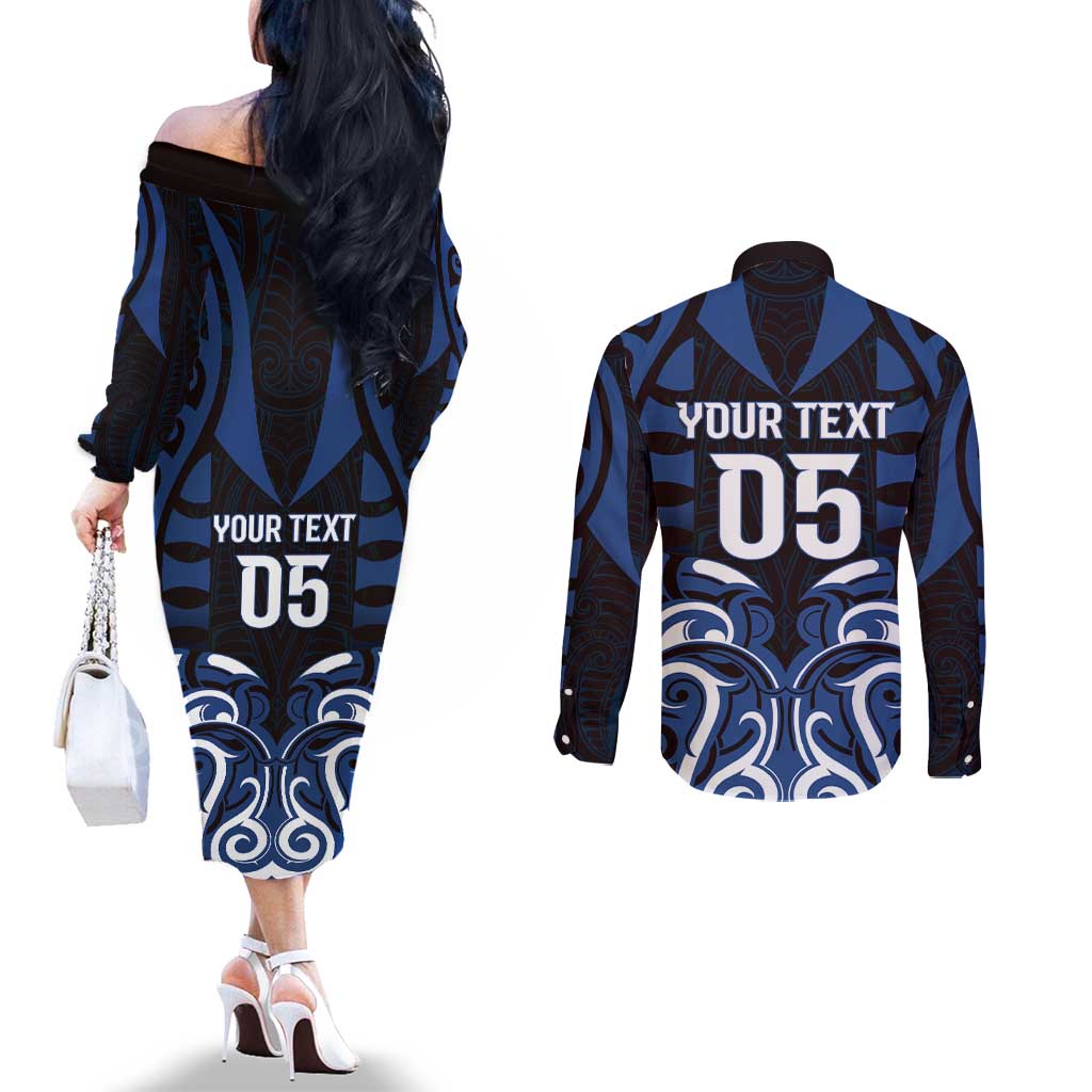 Custom Aotearoa Ngati Tuwharetoa Couples Matching Off The Shoulder Long Sleeve Dress and Long Sleeve Button Shirt Maori Pattern New Zealand - Polynesian Pride