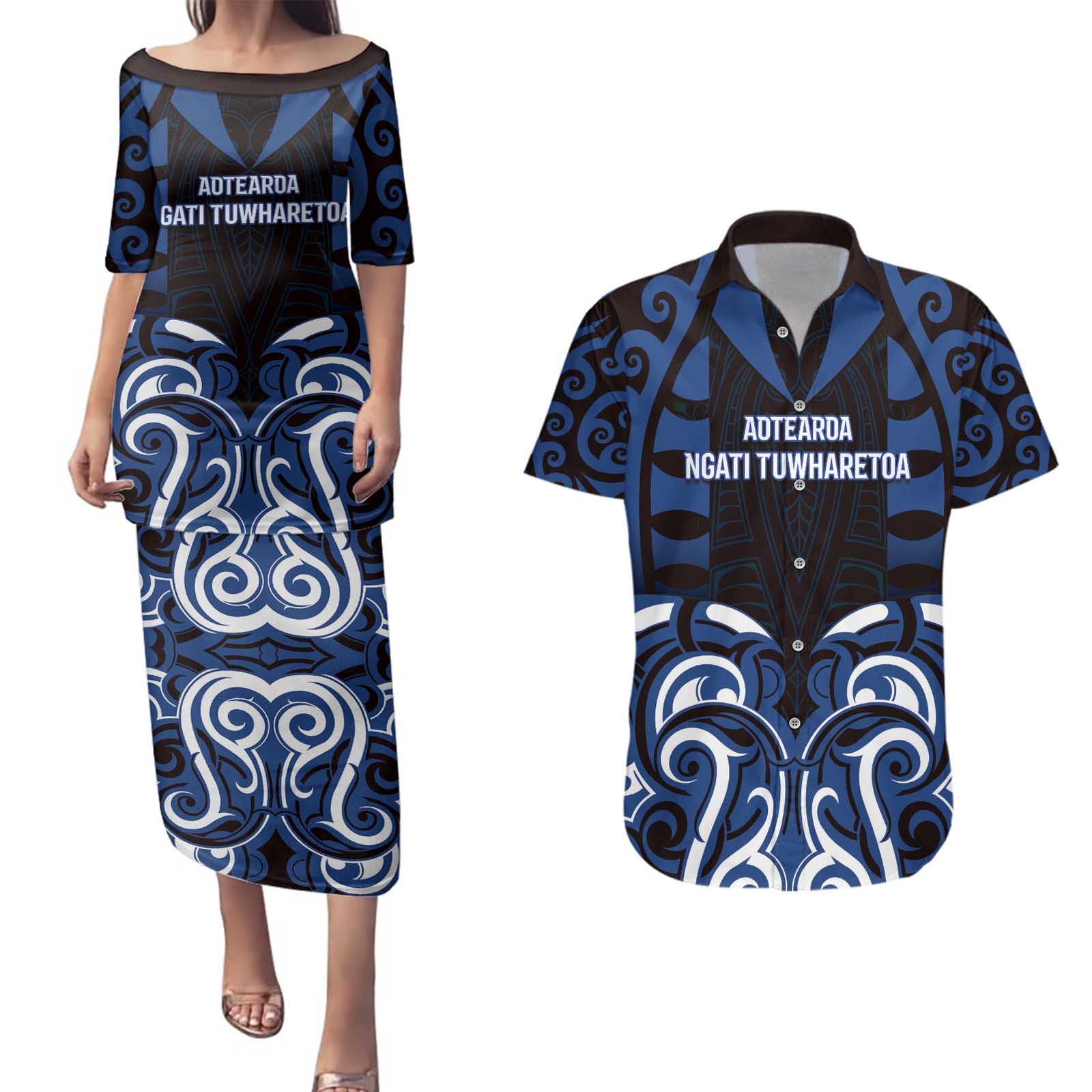 Custom Aotearoa Ngati Tuwharetoa Couples Matching Puletasi and Hawaiian Shirt Maori Pattern New Zealand DT05 Navy - Polynesian Pride