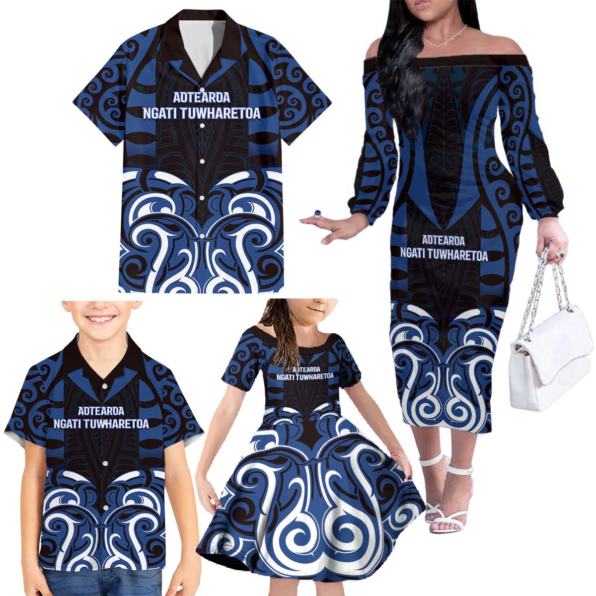 Custom Aotearoa Ngati Tuwharetoa Family Matching Off The Shoulder Long Sleeve Dress and Hawaiian Shirt Maori Pattern New Zealand DT05 - Polynesian Pride