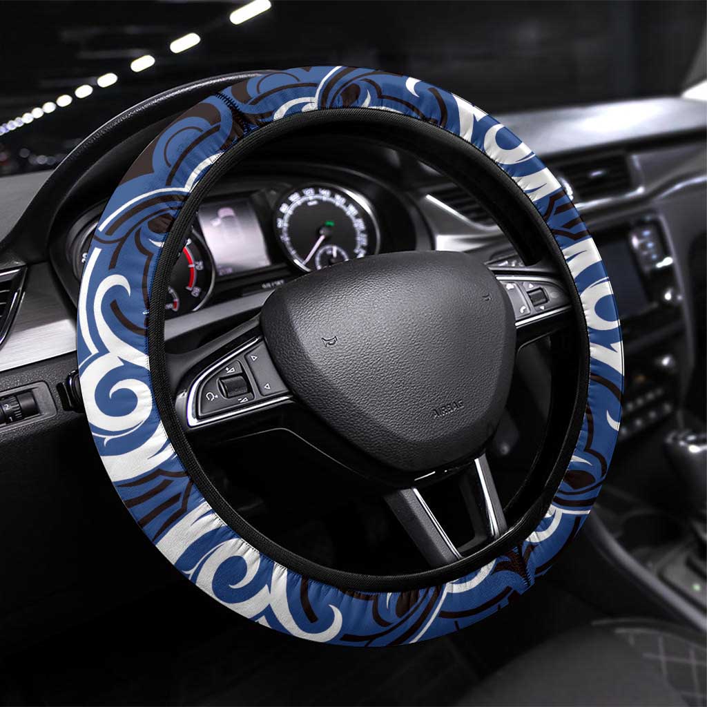 Aotearoa Ngati Tuwharetoa Steering Wheel Cover Maori Pattern New Zealand DT05 Universal Fit Navy - Polynesian Pride