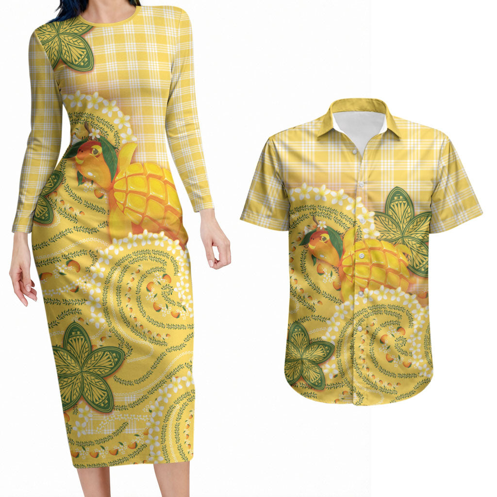 Hawaii Palaka Couples Matching Long Sleeve Bodycon Dress and Hawaiian Shirt Cute Ripe Mango Turtle On The Waves