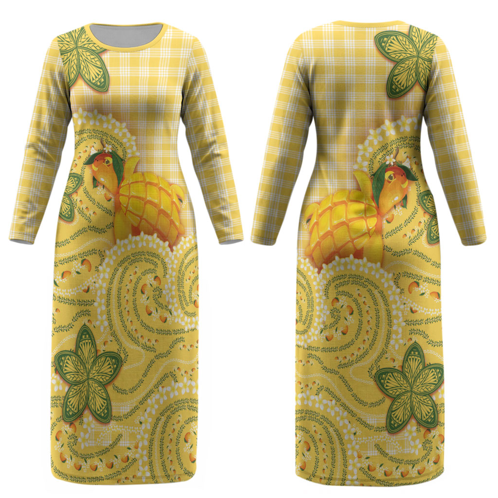Hawaii Palaka Couples Matching Long Sleeve Bodycon Dress and Long Sleeve Button Shirt Cute Ripe Mango Turtle On The Waves DT05 - Polynesian Pride