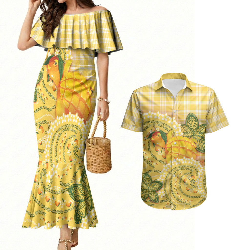 Hawaii Palaka Couples Matching Mermaid Dress and Hawaiian Shirt Cute Ripe Mango Turtle On The Waves DT05 Yellow - Polynesian Pride