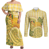 Hawaii Palaka Couples Matching Off Shoulder Maxi Dress and Long Sleeve Button Shirt Cute Ripe Mango Turtle On The Waves DT05 Yellow - Polynesian Pride