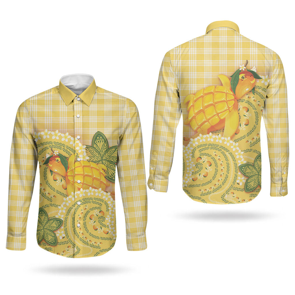 Hawaii Palaka Couples Matching Off Shoulder Short Dress and Long Sleeve Button Shirt Cute Ripe Mango Turtle On The Waves