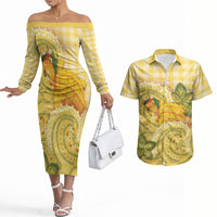 Hawaii Palaka Couples Matching Off The Shoulder Long Sleeve Dress and Hawaiian Shirt Cute Ripe Mango Turtle On The Waves DT05 Yellow - Polynesian Pride