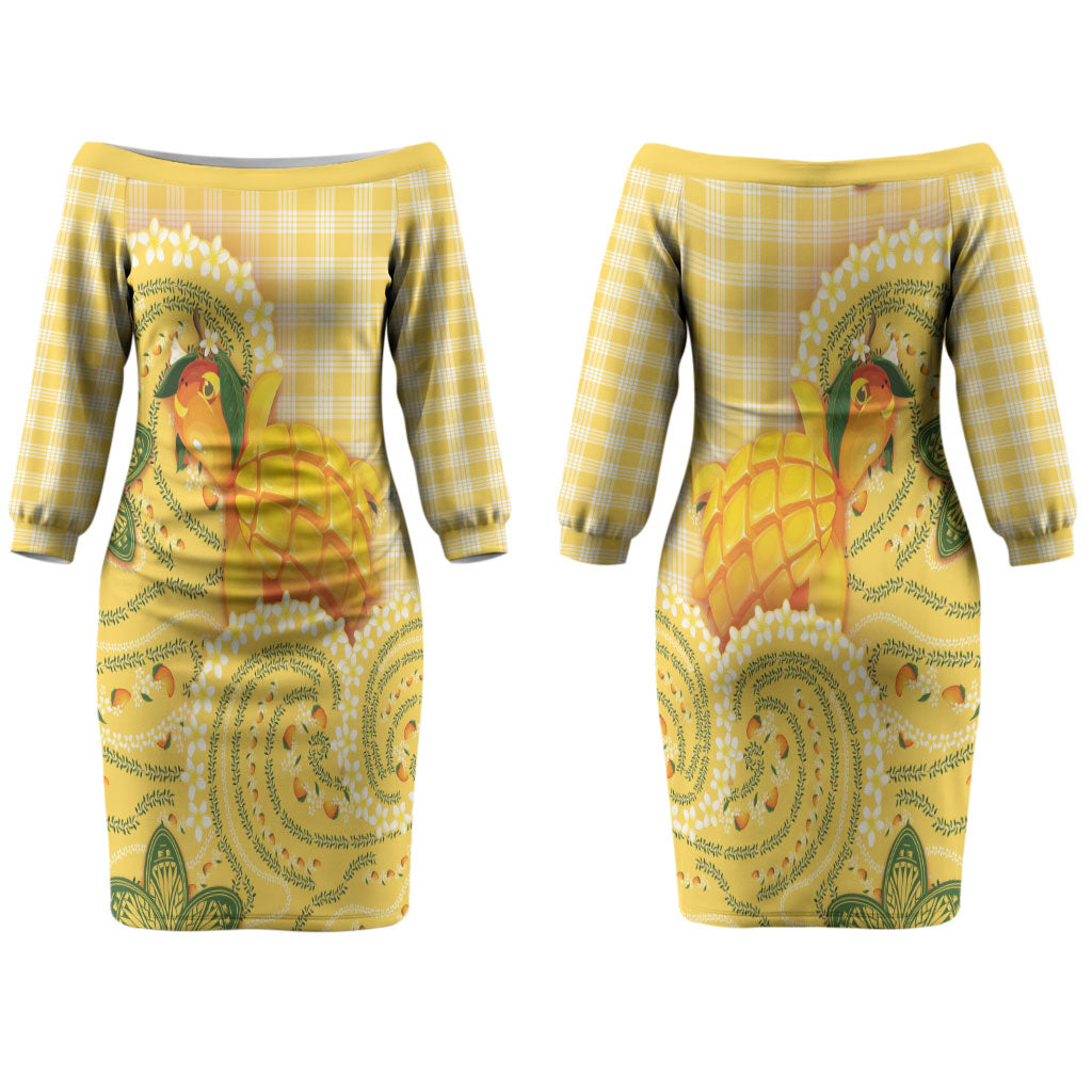 Hawaii Palaka Couples Matching Off The Shoulder Long Sleeve Dress and Hawaiian Shirt Cute Ripe Mango Turtle On The Waves DT05 - Polynesian Pride