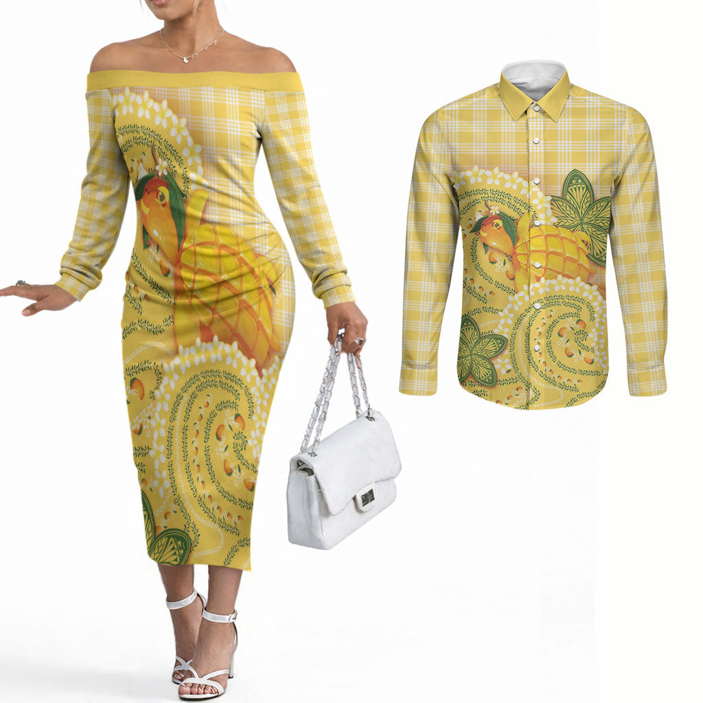 Hawaii Palaka Couples Matching Off The Shoulder Long Sleeve Dress and Long Sleeve Button Shirt Cute Ripe Mango Turtle On The Waves DT05 Yellow - Polynesian Pride