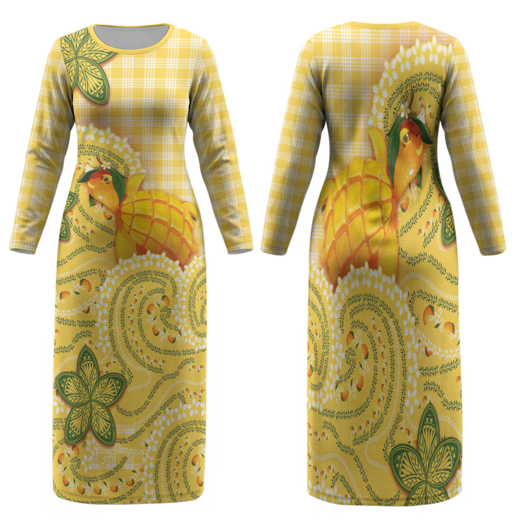 Hawaii Palaka Family Matching Long Sleeve Bodycon Dress and Hawaiian Shirt Cute Ripe Mango Turtle On The Waves DT05 Mom's Dress Yellow - Polynesian Pride