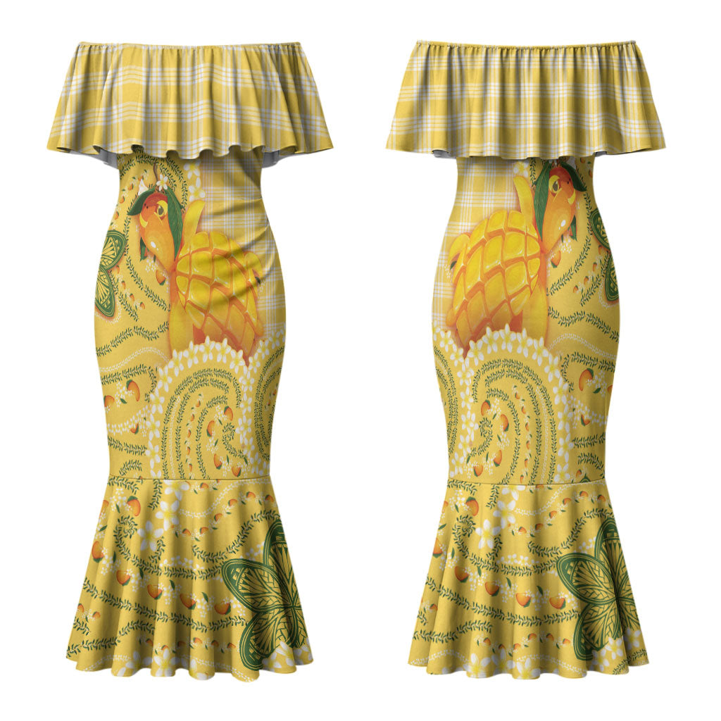 Hawaii Palaka Family Matching Mermaid Dress and Hawaiian Shirt Cute Ripe Mango Turtle On The Waves DT05 Mom's Dress Yellow - Polynesian Pride