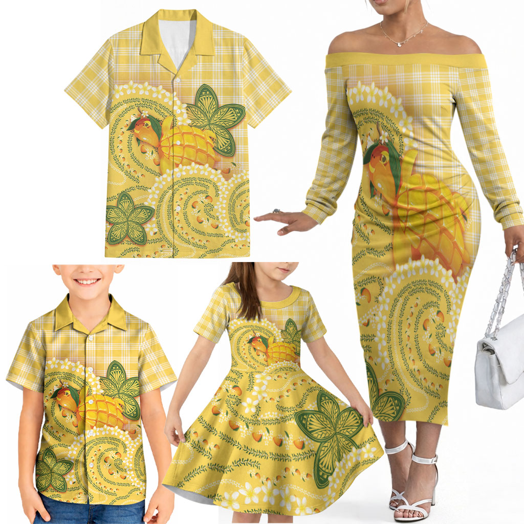 Hawaii Palaka Family Matching Off The Shoulder Long Sleeve Dress and Hawaiian Shirt Cute Ripe Mango Turtle On The Waves