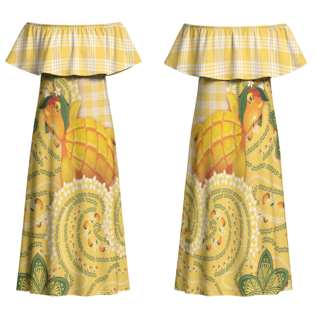 Hawaii Palaka Family Matching Off Shoulder Maxi Dress and Hawaiian Shirt Cute Ripe Mango Turtle On The Waves DT05 Mom's Dress Yellow - Polynesian Pride
