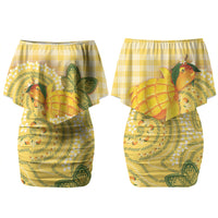 Hawaii Palaka Family Matching Off Shoulder Short Dress and Hawaiian Shirt Cute Ripe Mango Turtle On The Waves DT05 Mom's Dress Yellow - Polynesian Pride