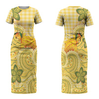 Hawaii Palaka Family Matching Short Sleeve Bodycon Dress and Hawaiian Shirt Cute Ripe Mango Turtle On The Waves DT05 Mom's Dress Yellow - Polynesian Pride