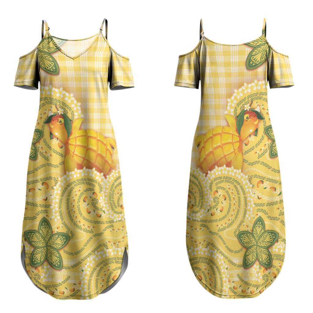 Hawaii Palaka Family Matching Summer Maxi Dress and Hawaiian Shirt Cute Ripe Mango Turtle On The Waves DT05 Mom's Dress Yellow - Polynesian Pride