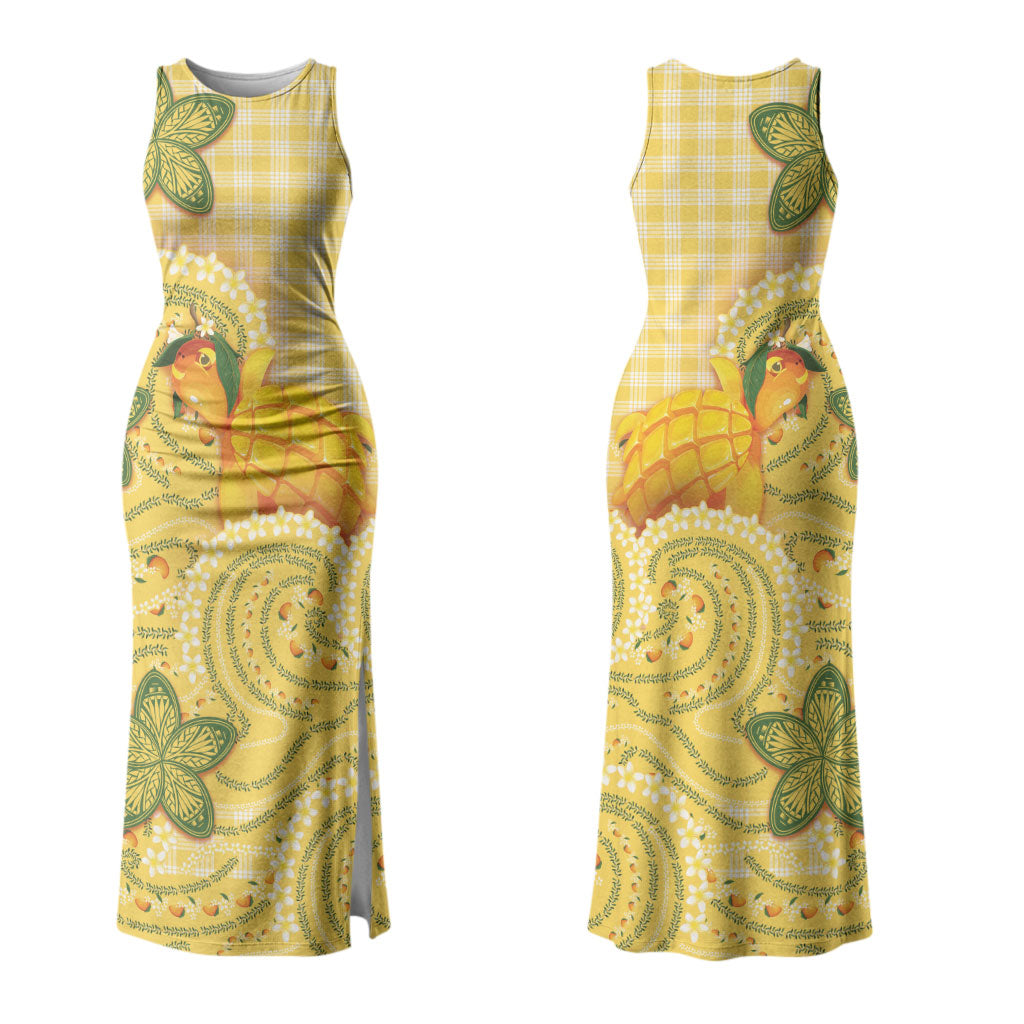 Hawaii Palaka Family Matching Tank Maxi Dress and Hawaiian Shirt Cute Ripe Mango Turtle On The Waves DT05 Mom's Dress Yellow - Polynesian Pride