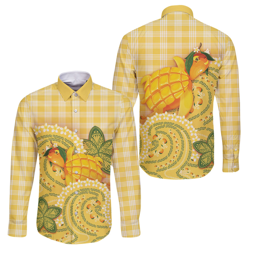 Hawaii Palaka Family Matching Tank Maxi Dress and Hawaiian Shirt Cute Ripe Mango Turtle On The Waves DT05 Dad's Shirt - Long Sleeve Yellow - Polynesian Pride
