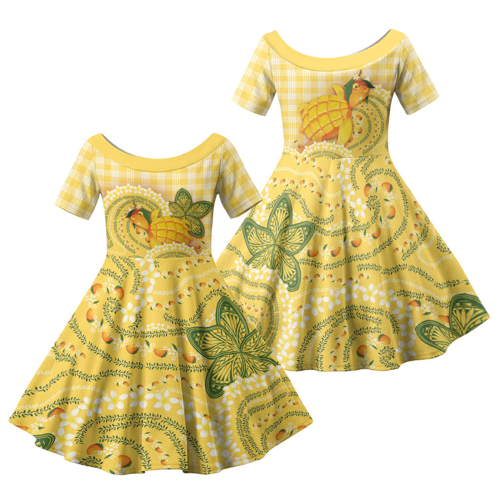 Hawaii Palaka Family Matching Tank Maxi Dress and Hawaiian Shirt Cute Ripe Mango Turtle On The Waves DT05 Daughter's Dress Yellow - Polynesian Pride