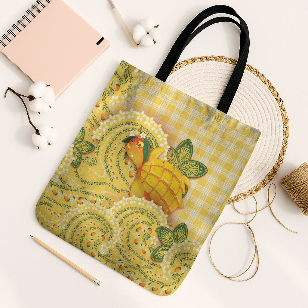 Hawaii Palaka Tote Bag Cute Ripe Mango Turtle On The Waves