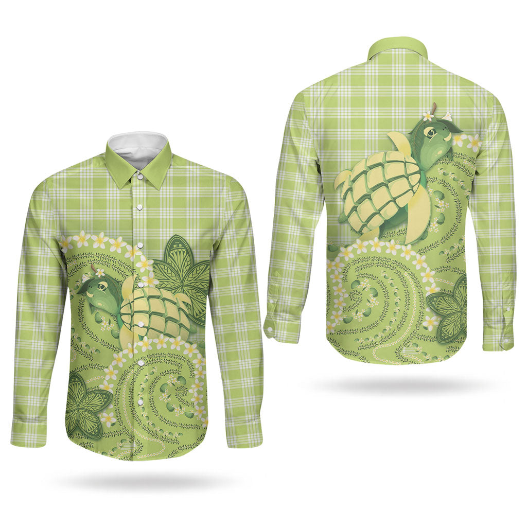 Hawaii Palaka Couples Matching Long Sleeve Bodycon Dress and Long Sleeve Button Shirt Cute Green Mango Turtle On The Waves