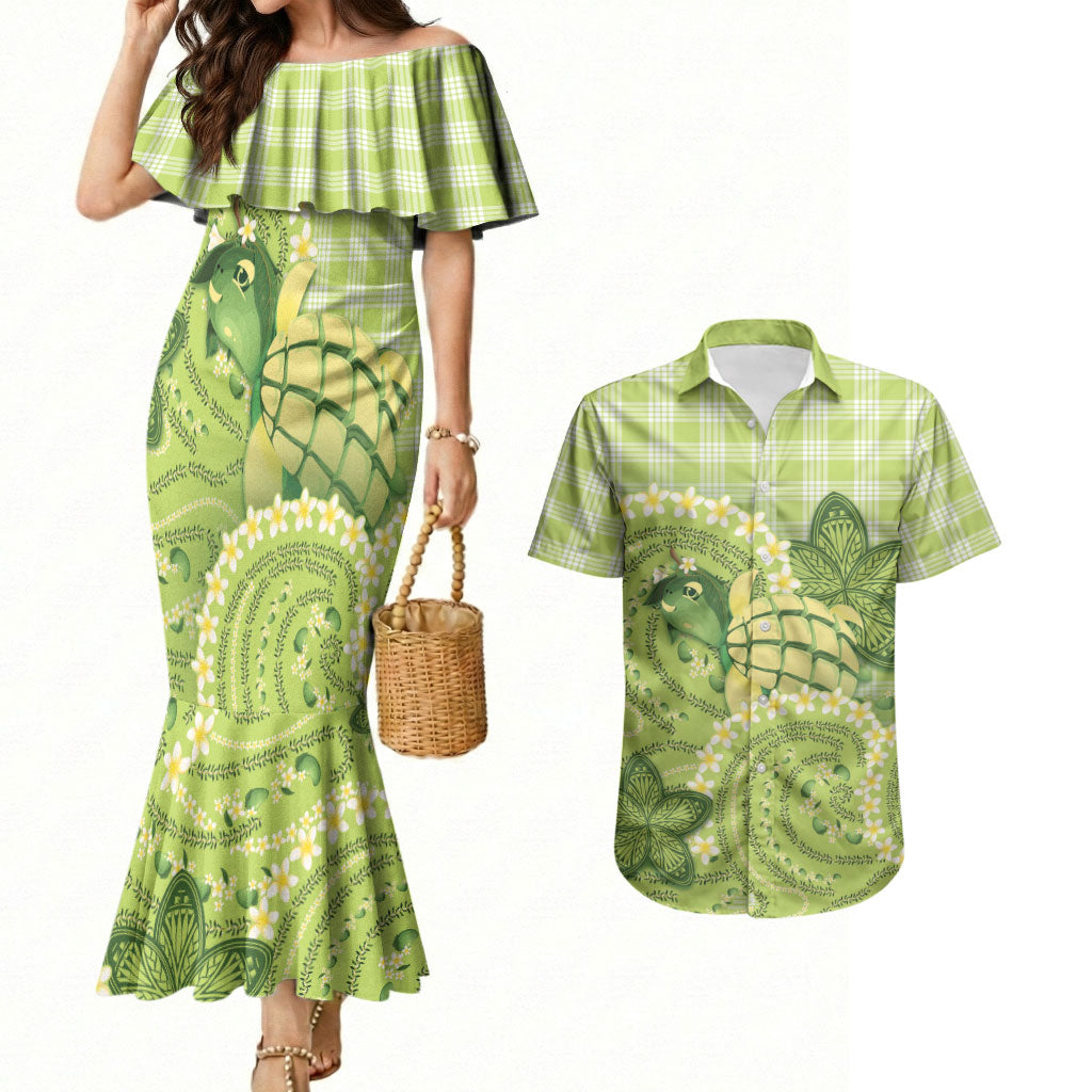 Hawaii Palaka Couples Matching Mermaid Dress and Hawaiian Shirt Cute Green Mango Turtle On The Waves DT05 Green - Polynesian Pride