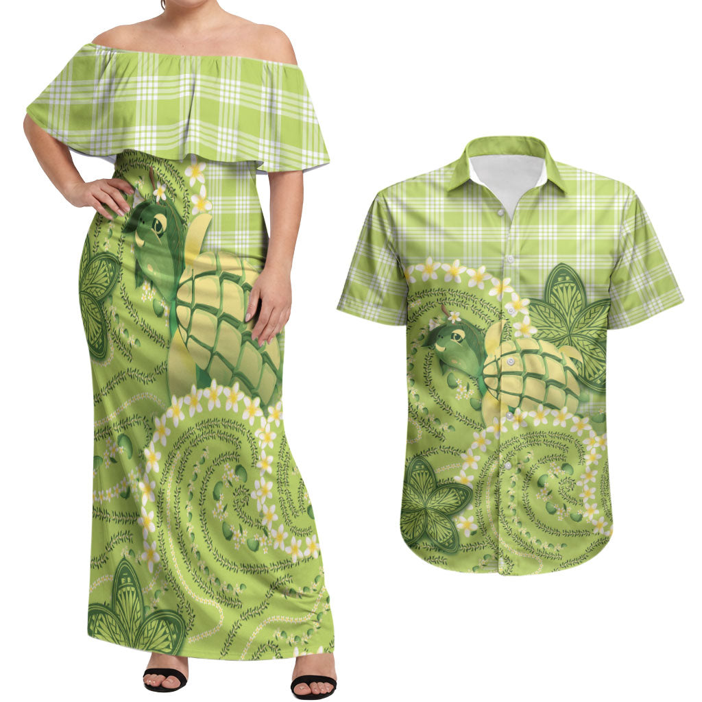 Hawaii Palaka Couples Matching Off Shoulder Maxi Dress and Hawaiian Shirt Cute Green Mango Turtle On The Waves DT05 Green - Polynesian Pride