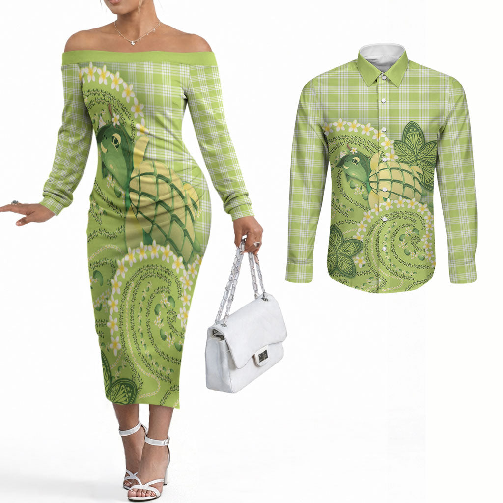 Hawaii Palaka Couples Matching Off The Shoulder Long Sleeve Dress and Long Sleeve Button Shirt Cute Green Mango Turtle On The Waves