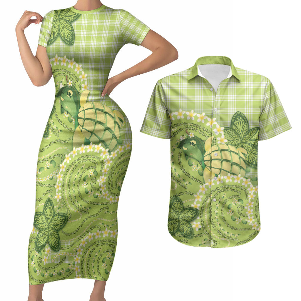 Hawaii Palaka Couples Matching Short Sleeve Bodycon Dress and Hawaiian Shirt Cute Green Mango Turtle On The Waves