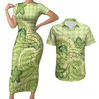Hawaii Palaka Couples Matching Short Sleeve Bodycon Dress and Hawaiian Shirt Cute Green Mango Turtle On The Waves DT05 Green - Polynesian Pride
