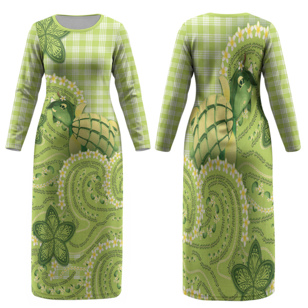 Hawaii Palaka Family Matching Long Sleeve Bodycon Dress and Hawaiian Shirt Cute Green Mango Turtle On The Waves DT05 Mom's Dress Green - Polynesian Pride