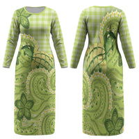 Hawaii Palaka Family Matching Long Sleeve Bodycon Dress and Hawaiian Shirt Cute Green Mango Turtle On The Waves DT05 Mom's Dress Green - Polynesian Pride